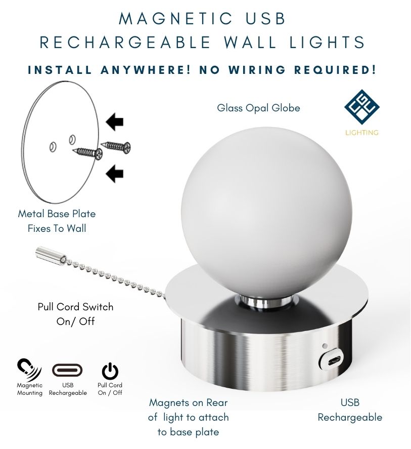 CGC MACIE Satin Nickel & White Opal Globe LED Rechargeable Magnetic USB Reading Bedside Wall Light Pull Cord Switch