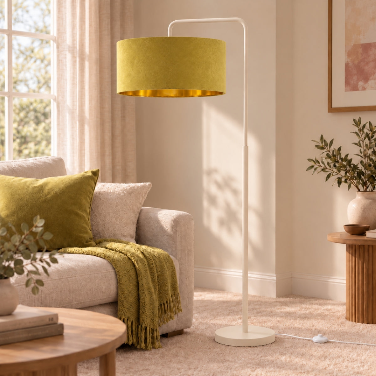 CGC Kyra Cream Angled Floor Lamp with Large 45cm Velvet Lampshade
