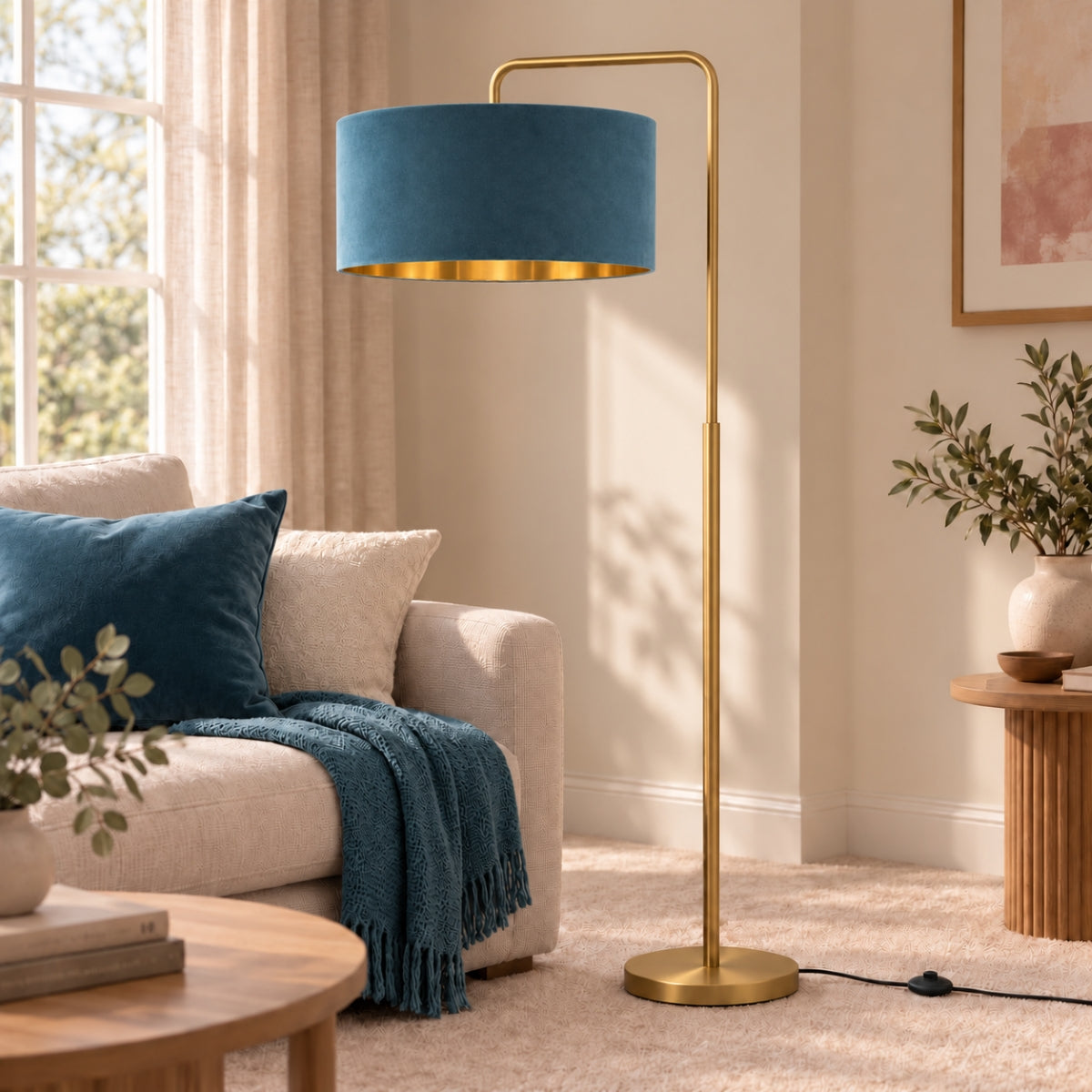 CGC Kyra Brushed Gold Angled Floor Lamp with Large 45cm Velvet Lampshade