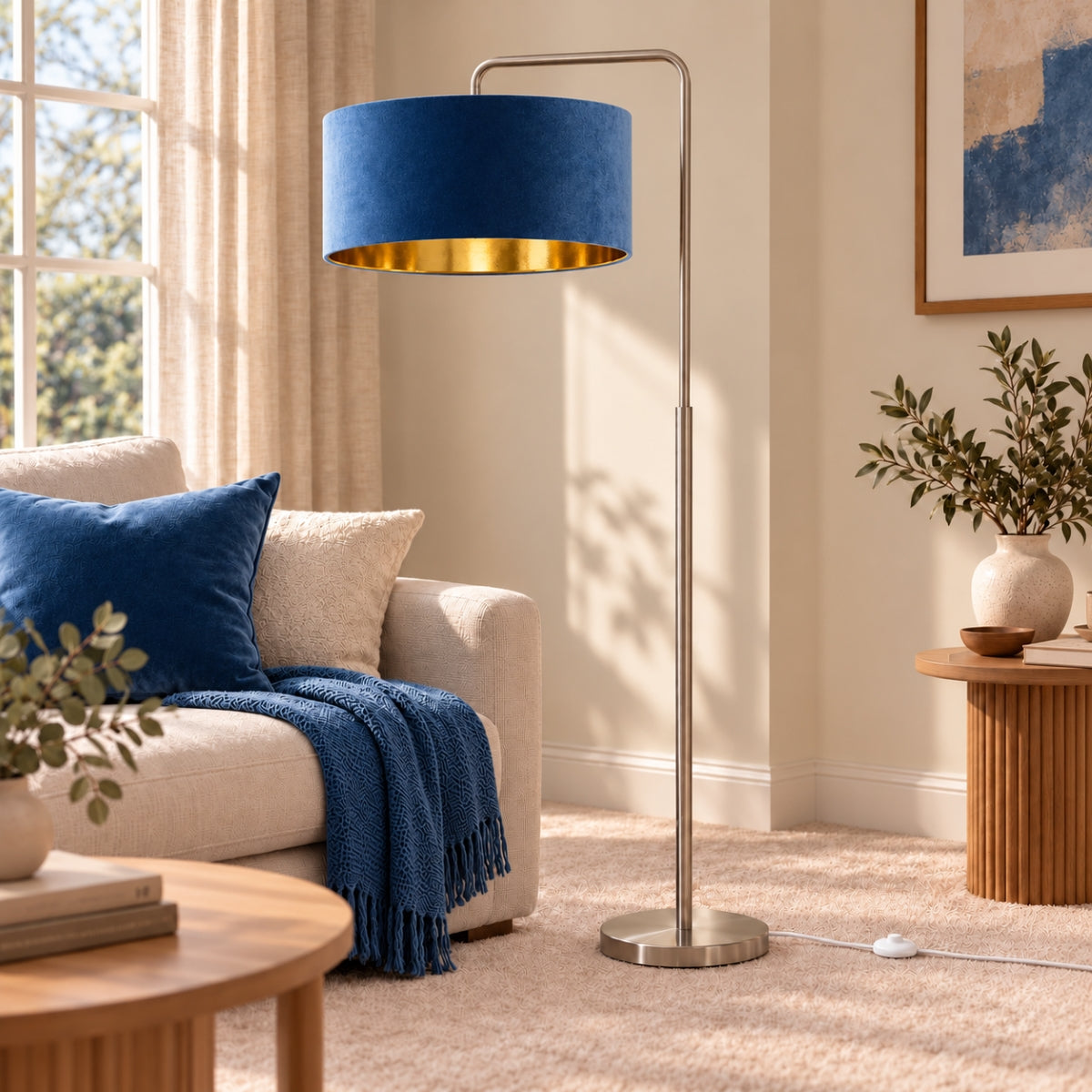 CGC Kyra Brushed Nickel Angled Floor Lamp with Large 45cm Velvet Lampshade