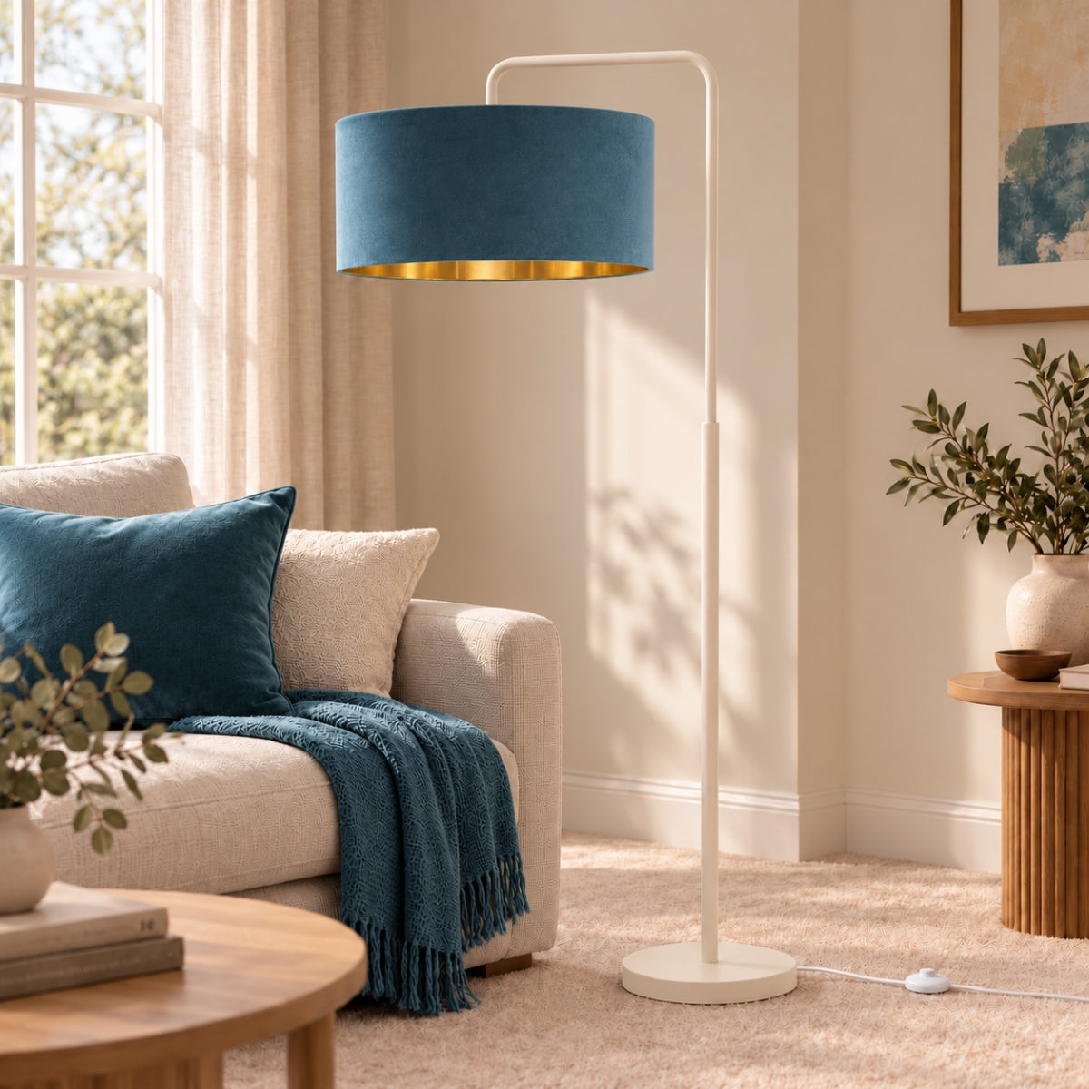 CGC Kyra Cream Angled Floor Lamp with Large 45cm Velvet Lampshade