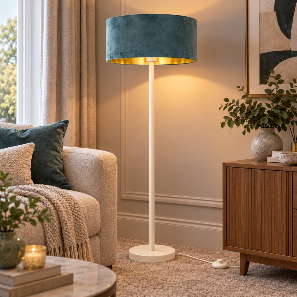 CGC Lena Cream Straight Floor Lamp with 45cm Large Velvet Lampshade
