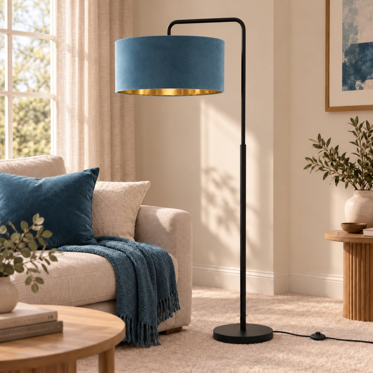 CGC Kyra Black Angled Floor Lamp with Large 45cm Velvet Lampshade
