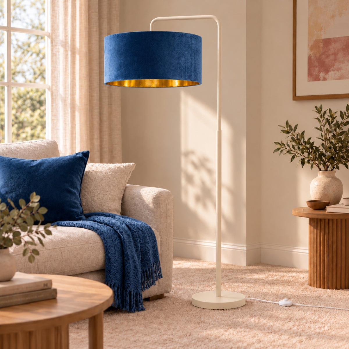 CGC Kyra Cream Angled Floor Lamp with Large 45cm Velvet Lampshade