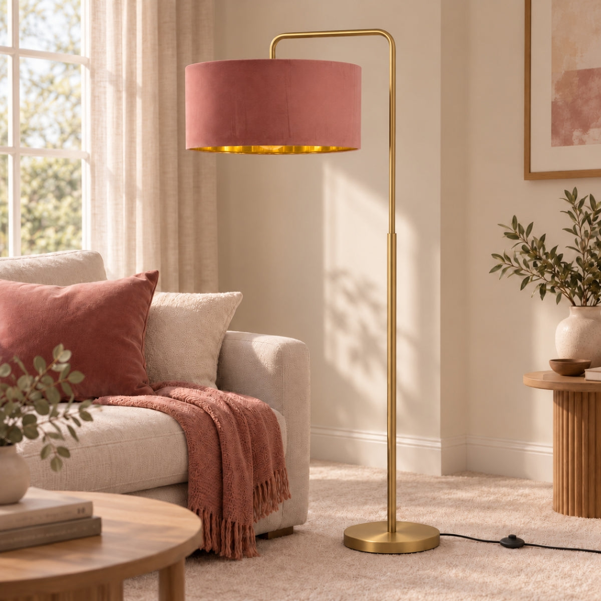 CGC Kyra Brushed Gold Angled Floor Lamp with Large 45cm Velvet Lampshade
