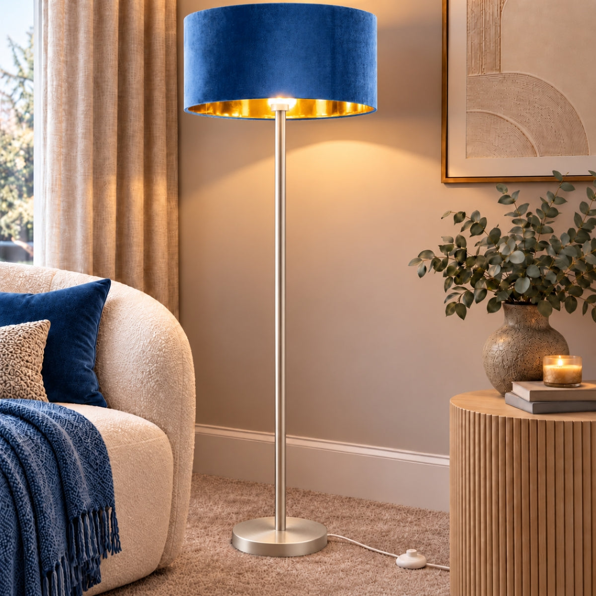 CGC Lena Brushed Nickel Straight Floor Lamp with 45cm Large Velvet Lampshade