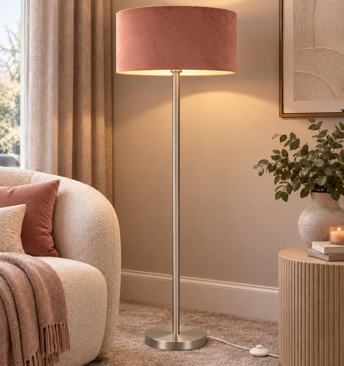 CGC Lena Brushed Nickel Straight Floor Lamp with 45cm Large Velvet Lampshade