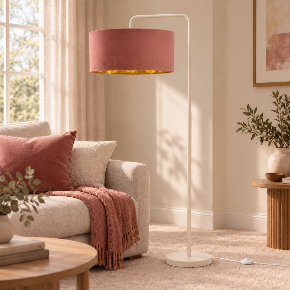 CGC Kyra Cream Angled Floor Lamp with Large 45cm Velvet Lampshade
