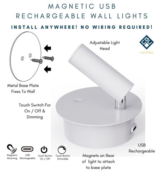 CGC SCARLET White Adjustable Head LED Rechargeable Magnetic USB Reading Bedside Wall Light