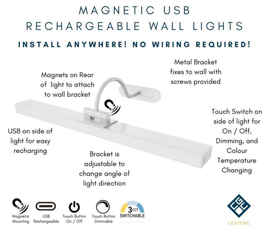 CGC VIRGO Curved White LED Rechargeable Magnetic USB Over Picture Wall Light