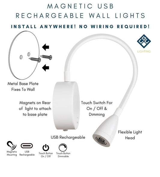 CGC MATILDA White Adjustable Flexible Neck LED Rechargeable Magnetic USB Reading Bedside Wall Light