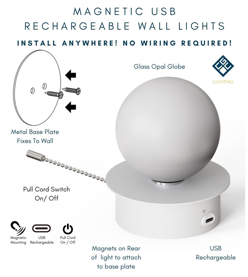 CGC MACIE White & White Opal Globe LED Rechargeable Magnetic USB Reading Bedside Wall Light Pull Cord Switch