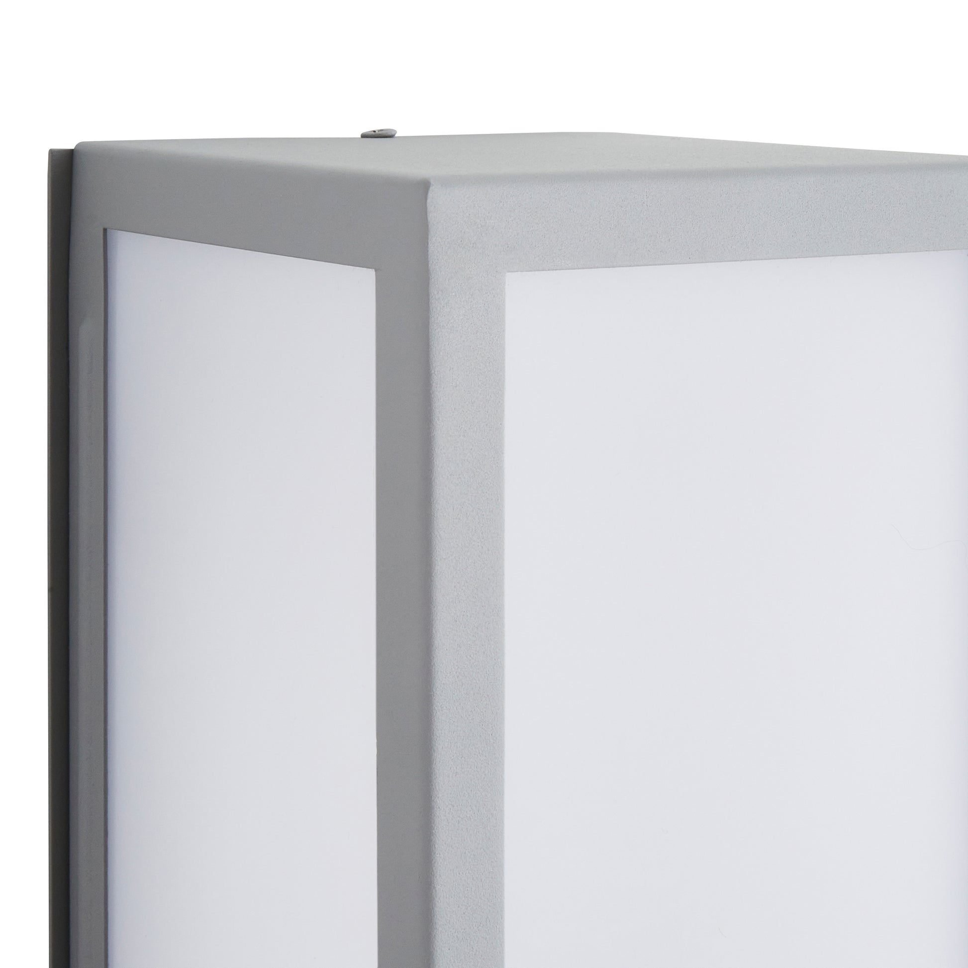 A modern take on a traditional design outdoor wall light perfect for adding style and security The traditional front-door lantern has had a modern make over in the form of our Harri  outdoor wall light with its square silver stainless steel construction and completed with opal polycarbonate windows this light this is sure to add an statement to any wall. 