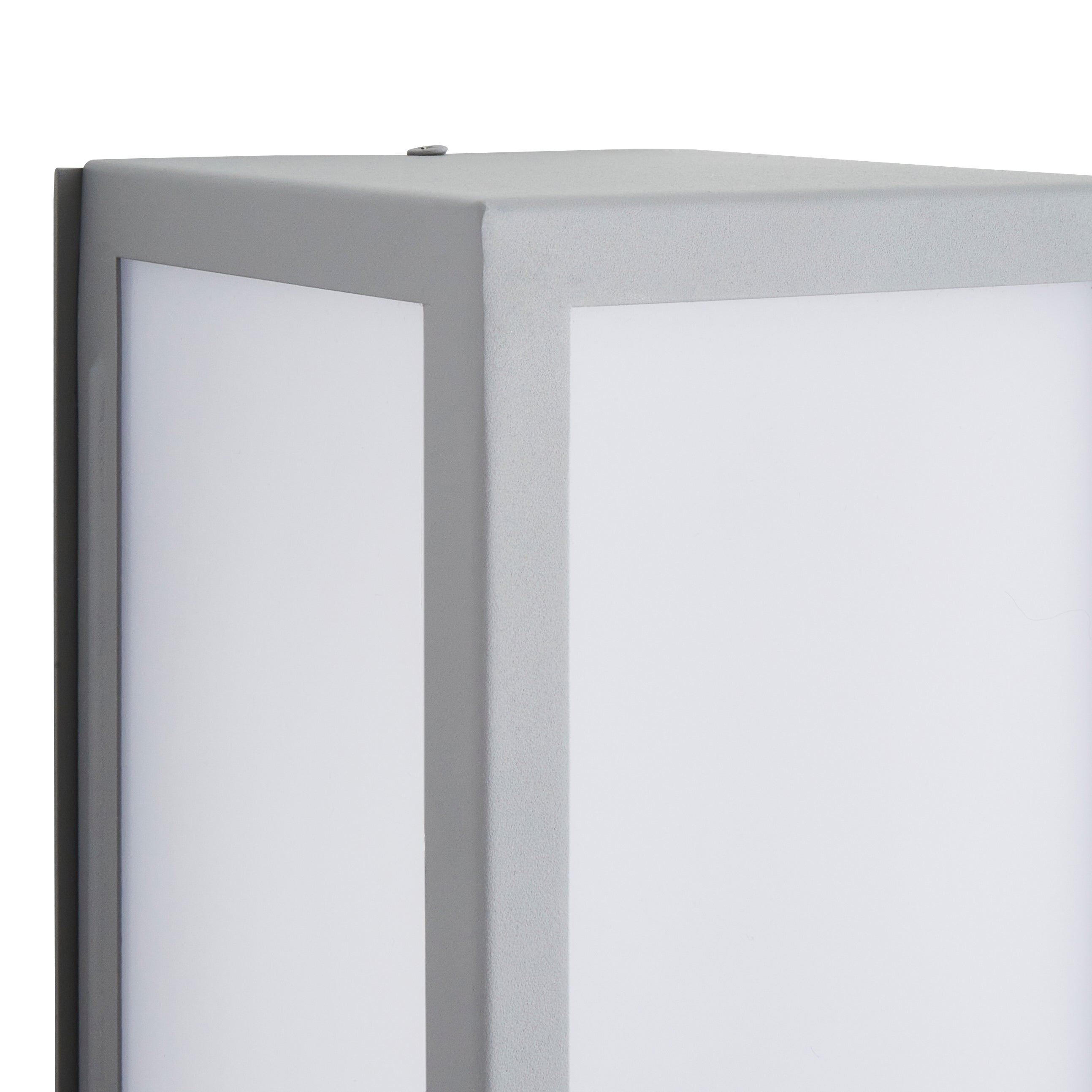 A modern take on a traditional design outdoor wall light perfect for adding style and security The traditional front-door lantern has had a modern make over in the form of our Harri  outdoor wall light with its square silver stainless steel construction and completed with opal polycarbonate windows this light this is sure to add an statement to any wall. 