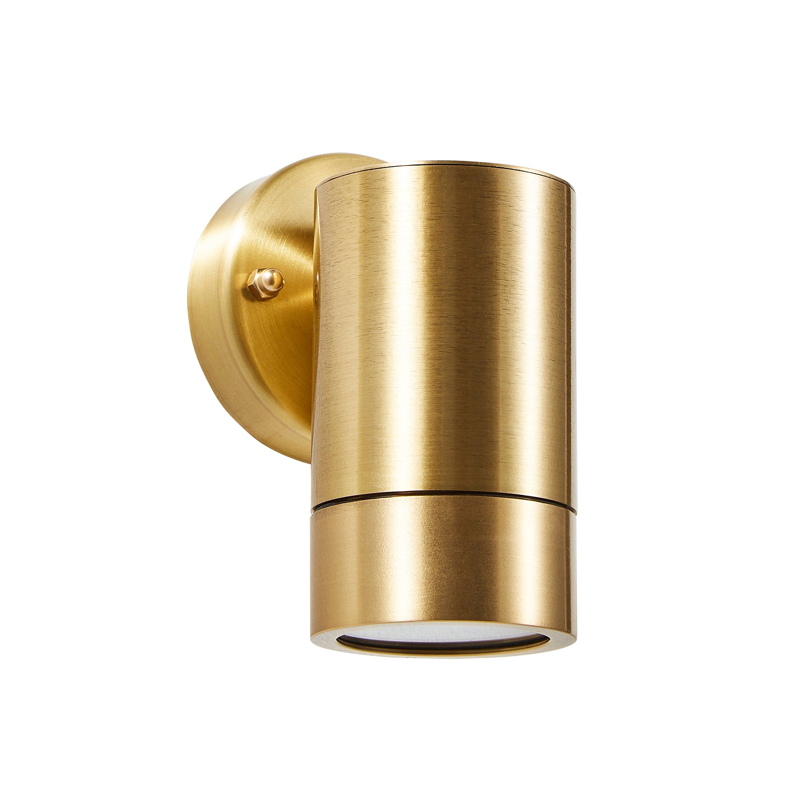 Our Noah brass outdoor wall mounted single cylinder outdoor light would look perfect in a modern or more traditional home design. Outside wall lights can provide atmospheric light in your garden, at the front door or on the terrace as well as a great security solution. It is designed for durability and longevity with its robust material producing a fully weatherproof and water-resistant light fitting. Use LED bulbs to make this light energy efficient and low cost to run.