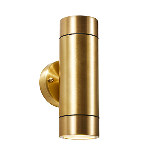 Our Lucas brass double up and  down outdoor wall mounted single cylinder outdoor light would look perfect in a modern or more traditional home design. Outside wall lights can provide atmospheric light in your garden, at the front door or on the terrace as well as a great security solution. It is designed for durability and longevity with its robust material producing a fully weatherproof and water-resistant light fitting. Use LED bulbs to make this light energy efficient and low cost to run.