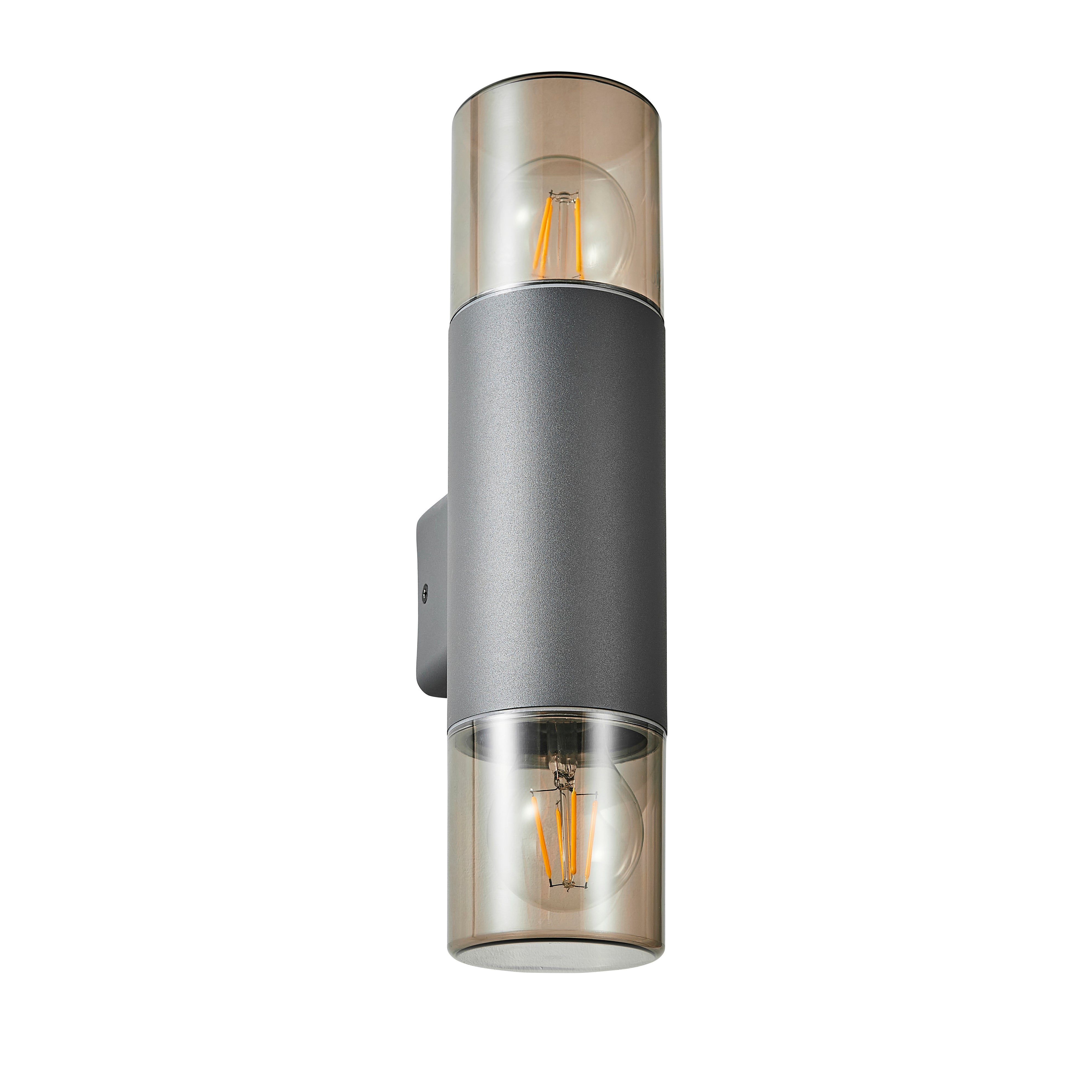 Our Cortez wall light looks great in modern settings. This wall light has a modern round tube design with anthracite finish aluminium body and 2 polycarbonate smoked diffusers. This wall light is perfect for any outdoor space requiring light and security such as gardens, driveways, doorways workspaces, pubs and hotels.