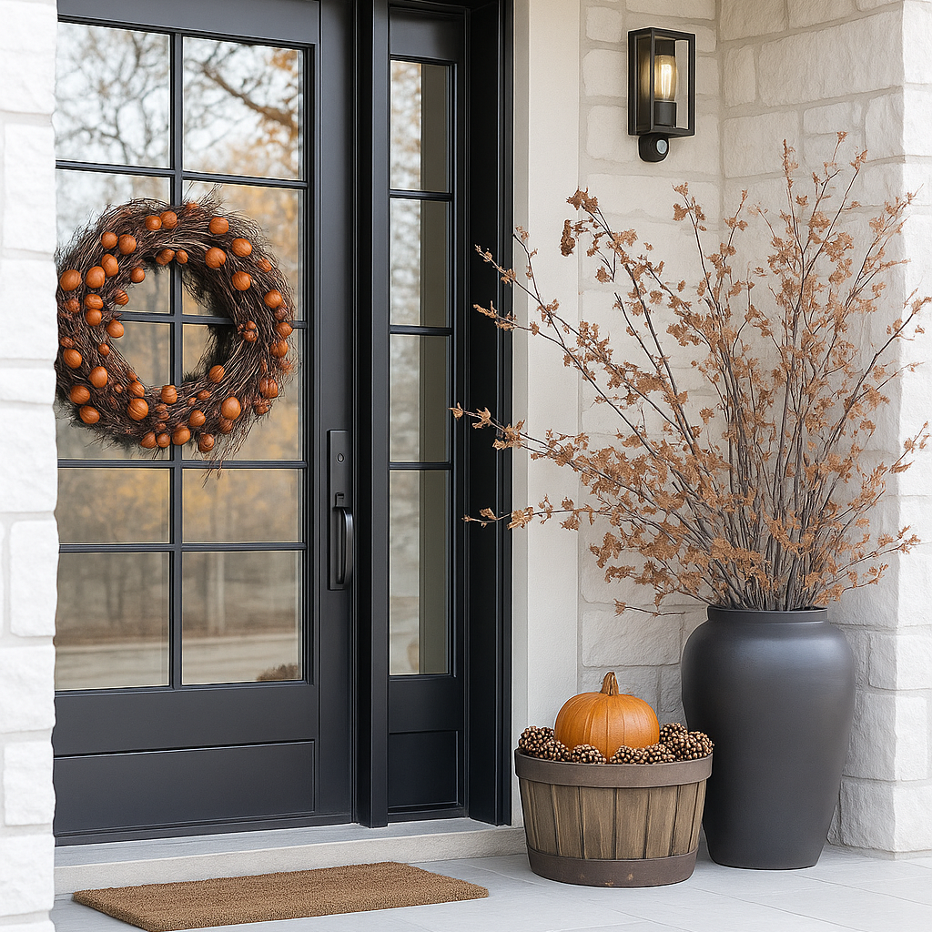 Front door with wreath, pumpkin, and decorative elements on a porch.