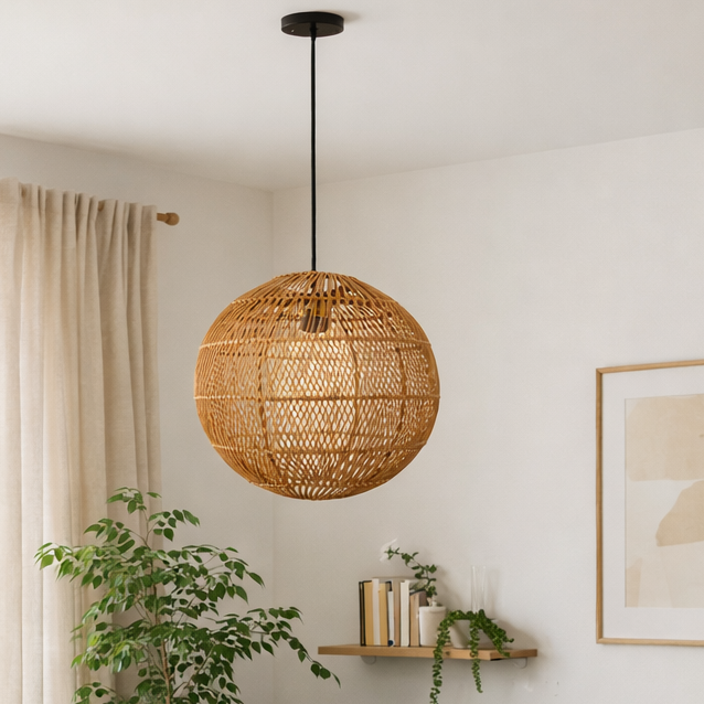 Modern living room with a green sectional sofa, wicker pendant light, and decorative elements.