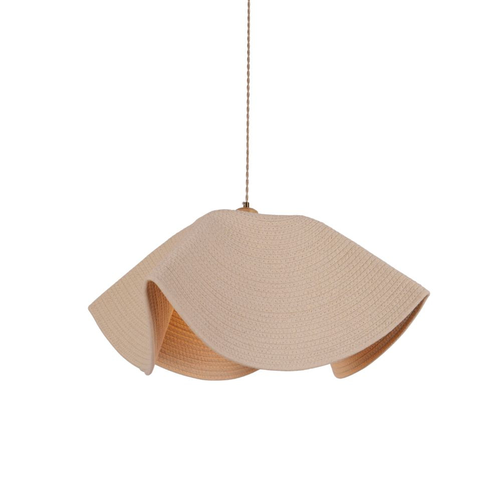 Beige pendant lamp with a textured design on a white background