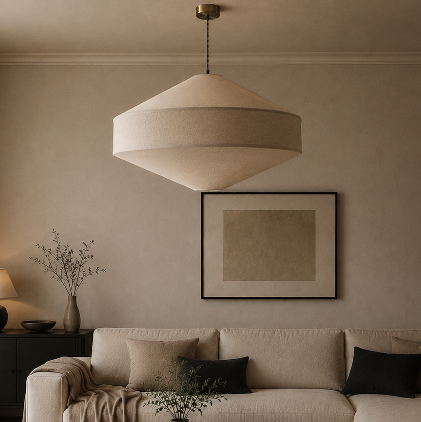 A modern living room featuring a large, sculptural drum pendant light in a warm beige fabric shade hanging over a beige sectional sofa. The room has a minimalist, warm aesthetic with beige walls, a wooden coffee table, and a black sideboard with a lamp.