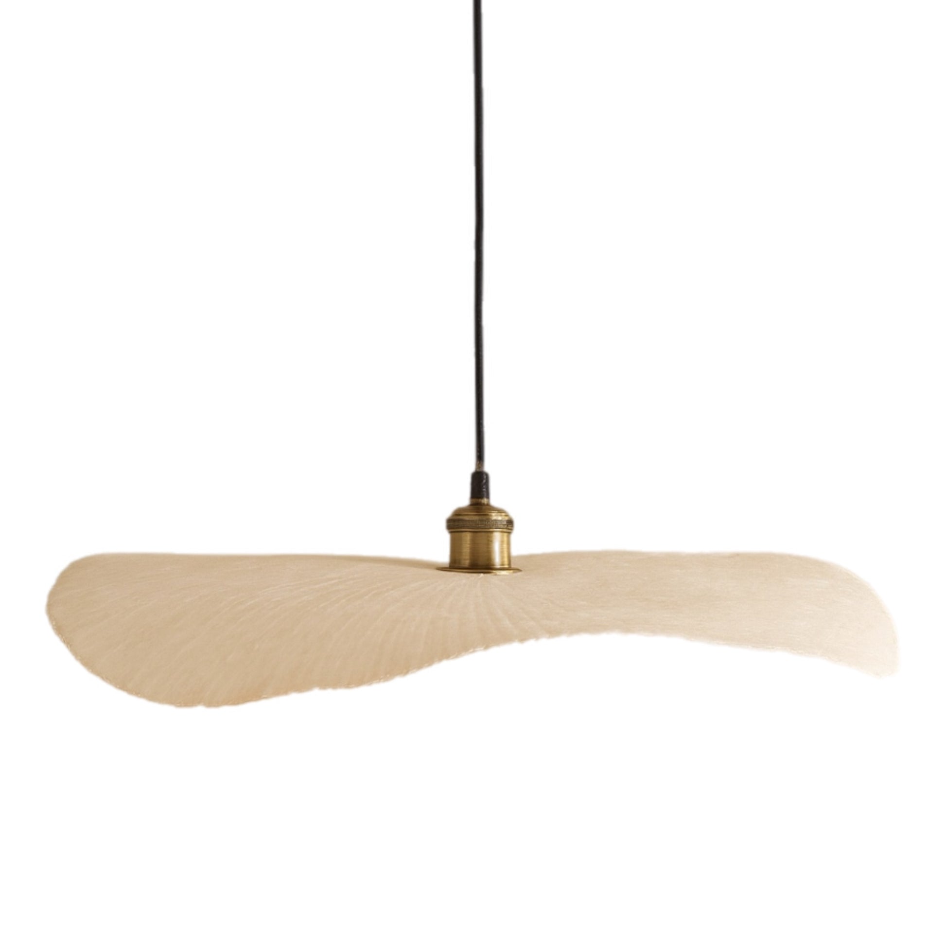 Beige pendant light with a gold fixture on a white background