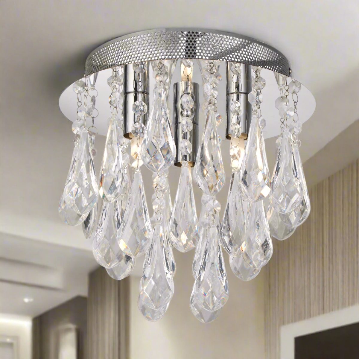 CGC JAZZ Chrome & Crystal Droplet Round Flush Ceiling Light