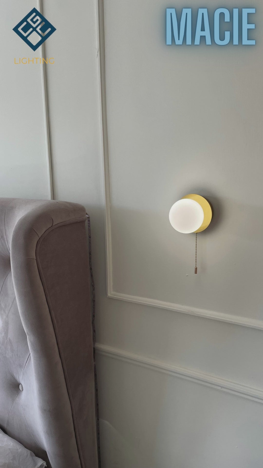 Load video: CGC MACIE Satin Nickel &amp; White Opal Globe LED Rechargeable Magnetic USB Reading Bedside Wall Light Pull Cord Switch
