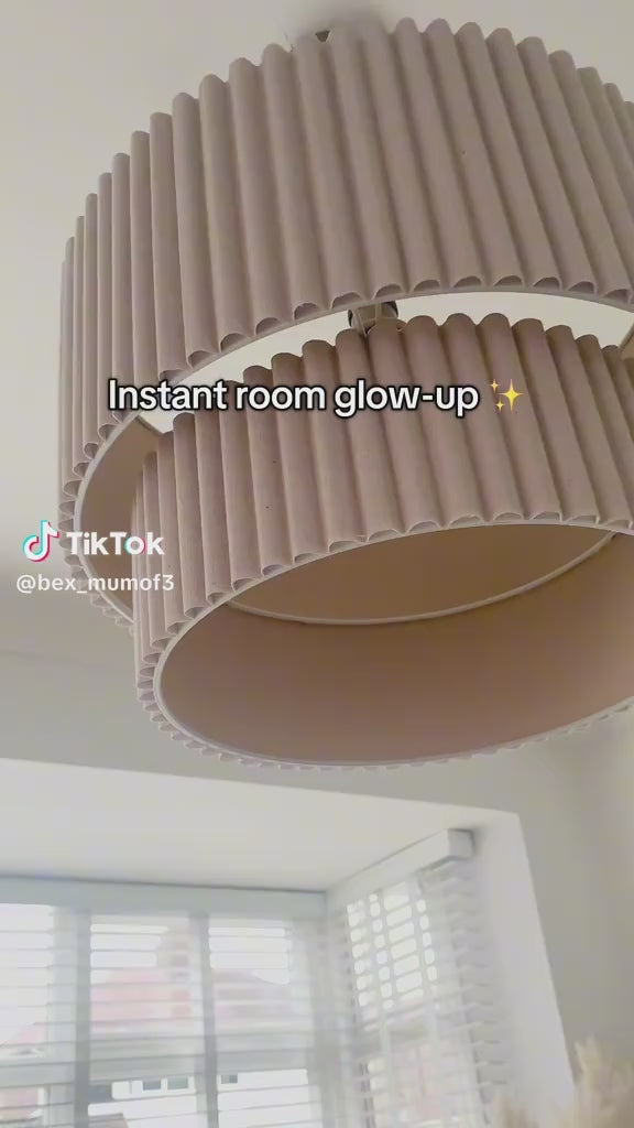 Load video: CGC Allegra Oatmeal Linen Fine Scallop Two Tier Extra Large Layer Drum Lampshade