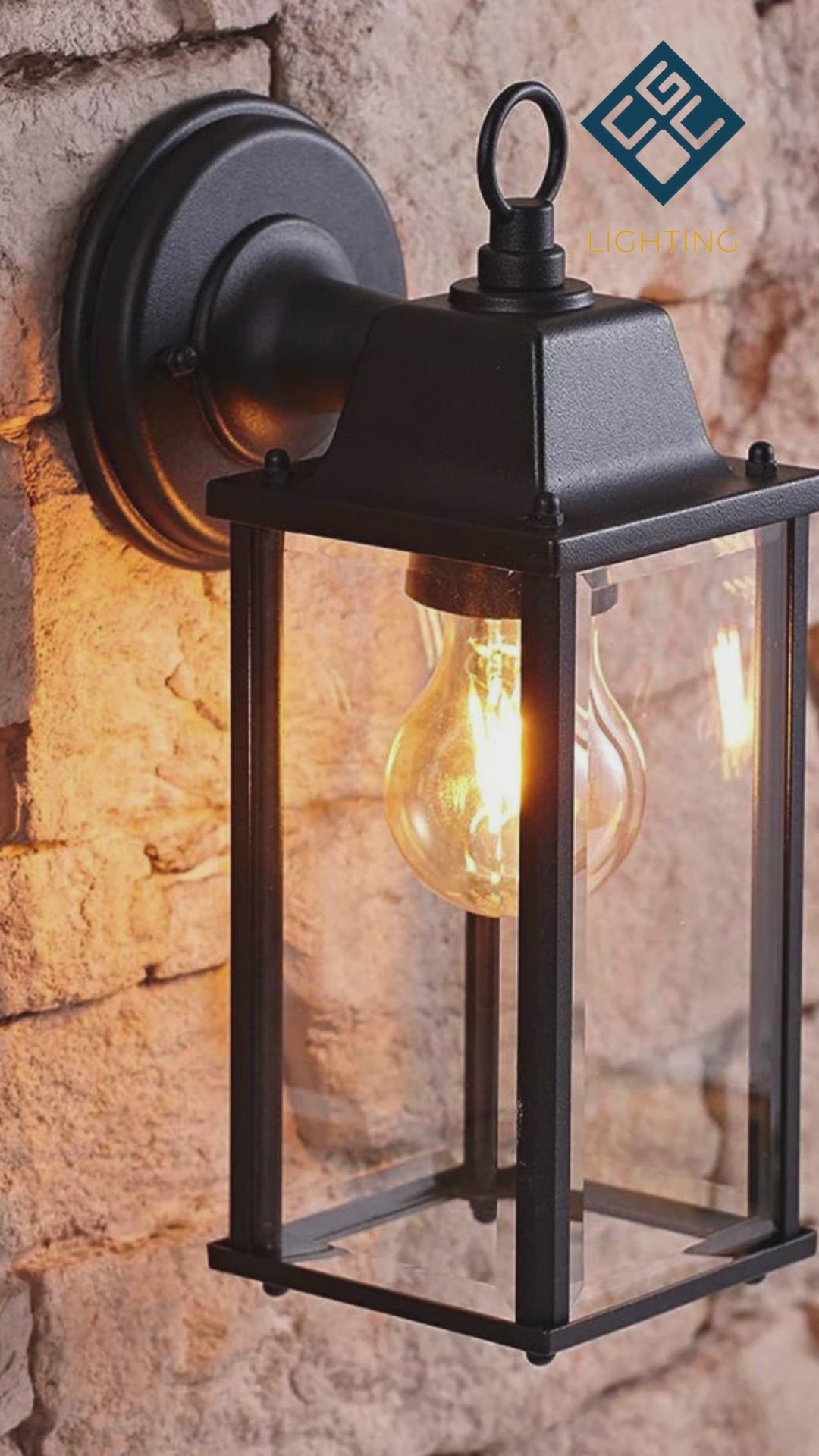 Load video: CGC FREYA Black Coach Lantern Wall Light with Bevelled Glass