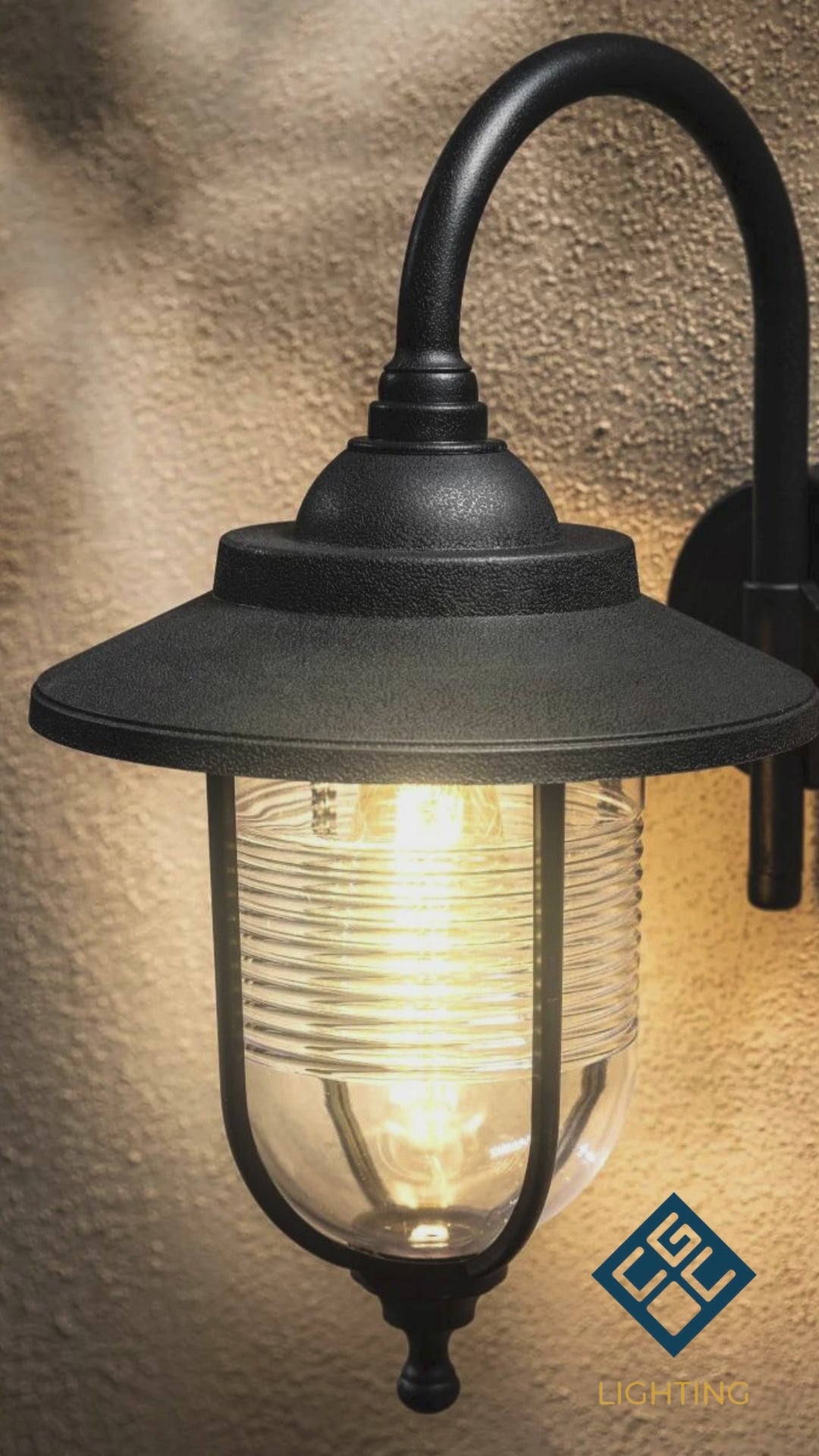 Load video: CGC JEMIMA Black Fisherman Hooked Outdoor Wall Lantern Light