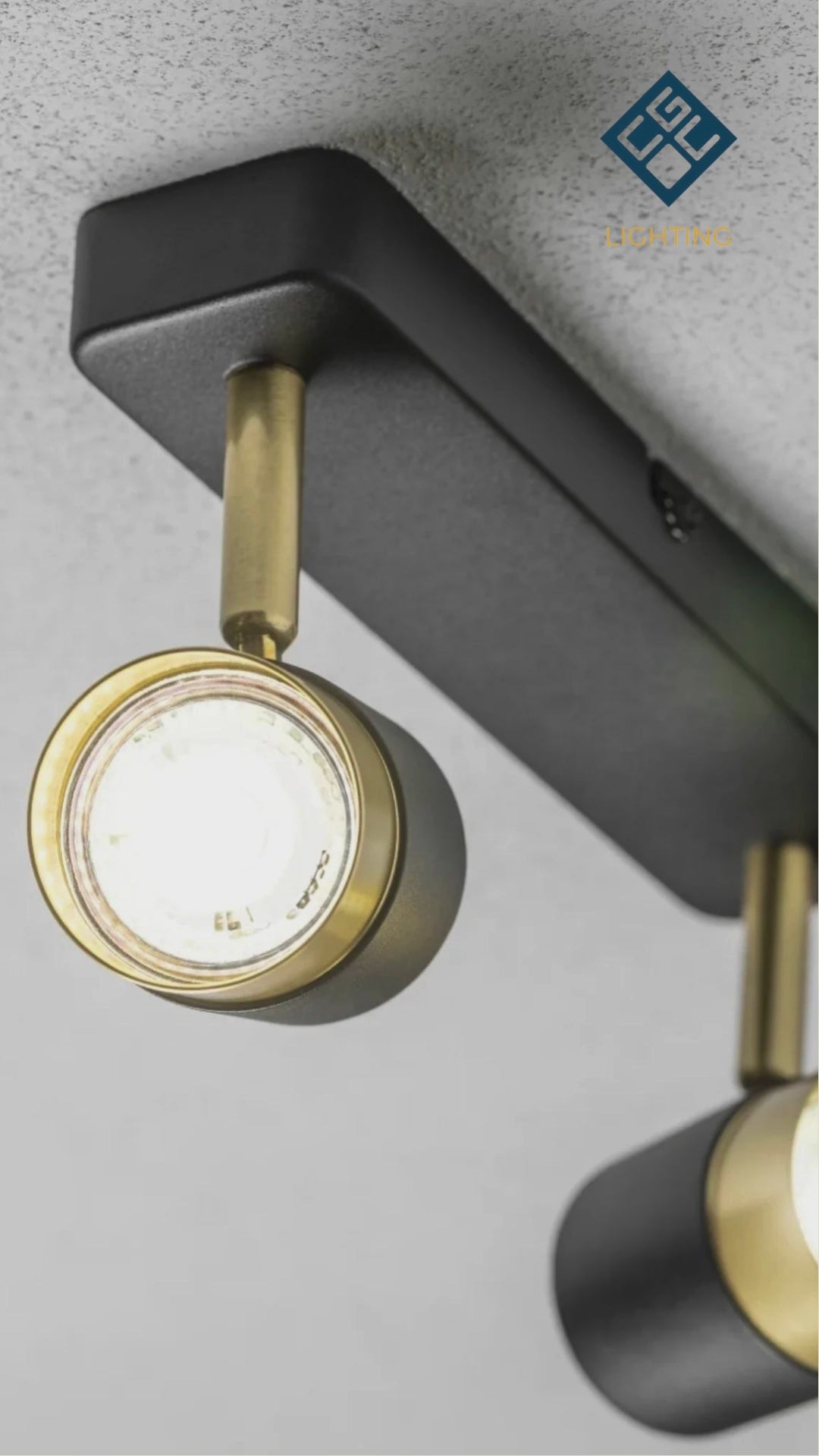 Load video: CGC ORIO Black and Brushed Gold Double Two Head GU10  Adjustable Ceiling Spot Light Bar