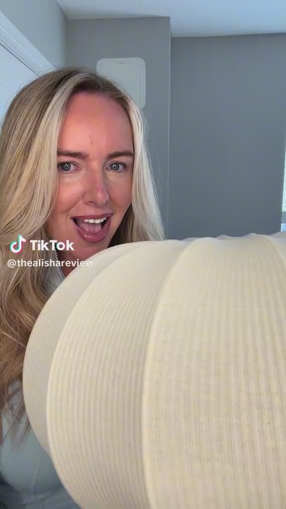 Load video: CGC LILA Cream Oval Stretch Ribbed Cotton Fabric Lampshade
