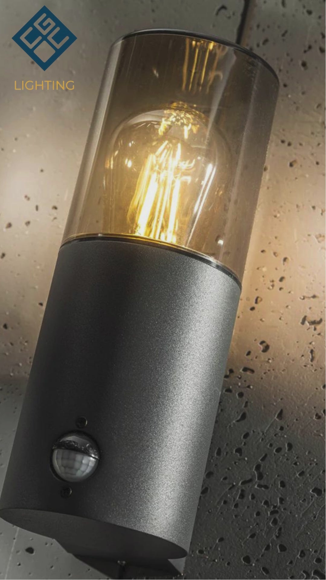 Load video: CGC BLUEBELL Dark Grey Cylinder Wall Light with PIR Motion Sensor