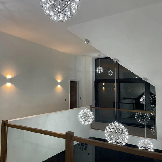Starburst lighting display using our 40cm and 60cm Fawkes ceiling pendant lights.