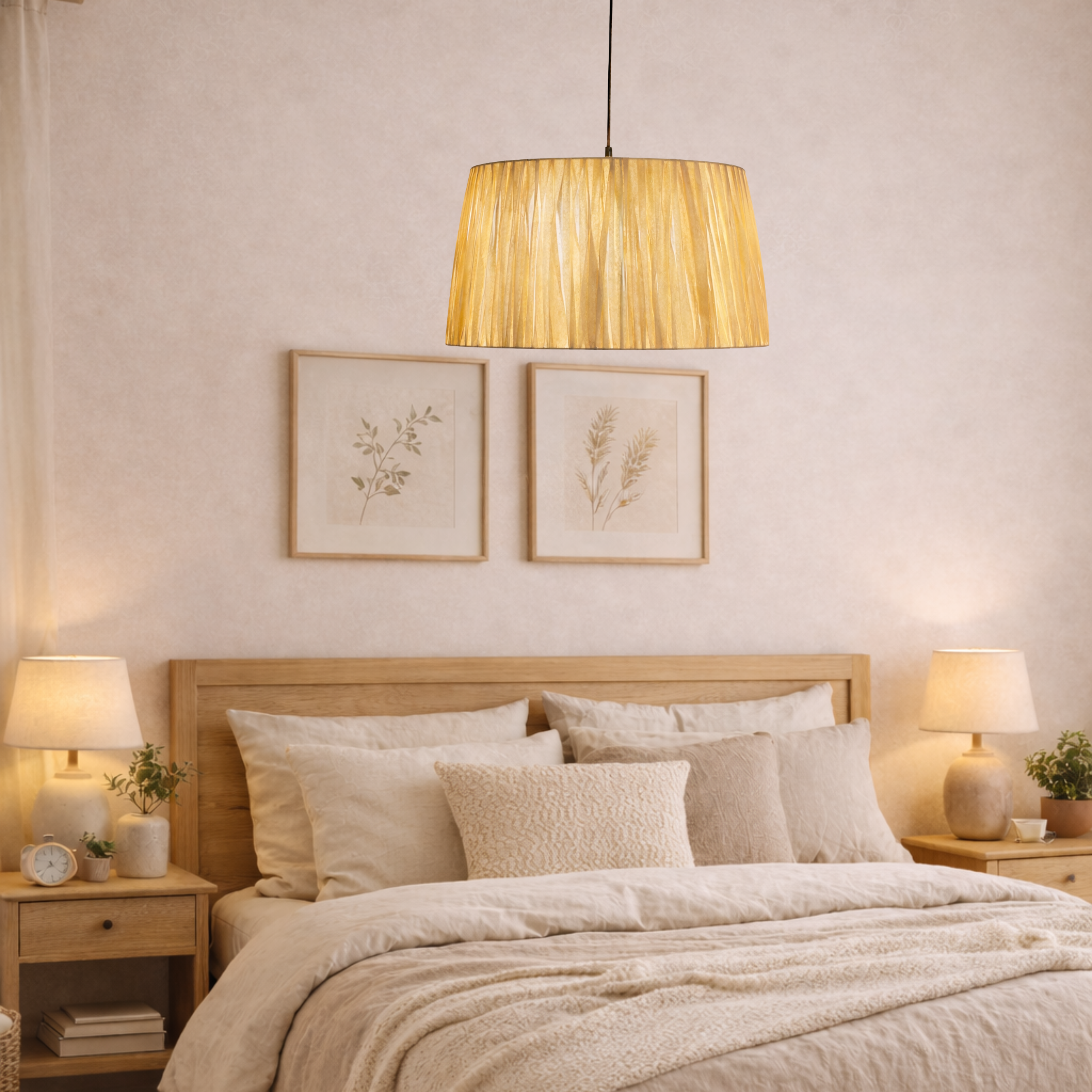 Neatly made bed in a bedroom with a lamp and decor