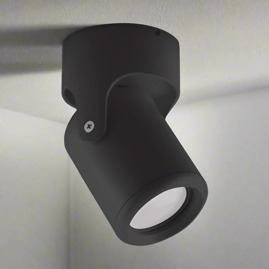 The black LED Fran spot light consists of a cylindrical spotlight, which can be tilted and adjusted on its own axis. The spotlight is attached to a circular base, which makes it equally suitable for mounting on walls and ceilings. Made of an aluminum body and powder coated black, this ceiling spot light design fits well into different spaces. Whether functional office or cosy home