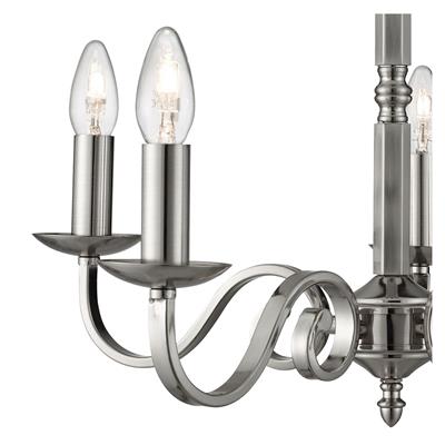 This Richmond 5 light satin silver ceiling fitting is perfect for today's understated interiors. Styled on a minimalist design, the chandelier is characterised by its traditional candle style sconces at the end of the five curved, satin silver finish arms for a simplistic, less complicated look. The chain suspension can be adjusted easily to provide the ideal illumination for any living space.