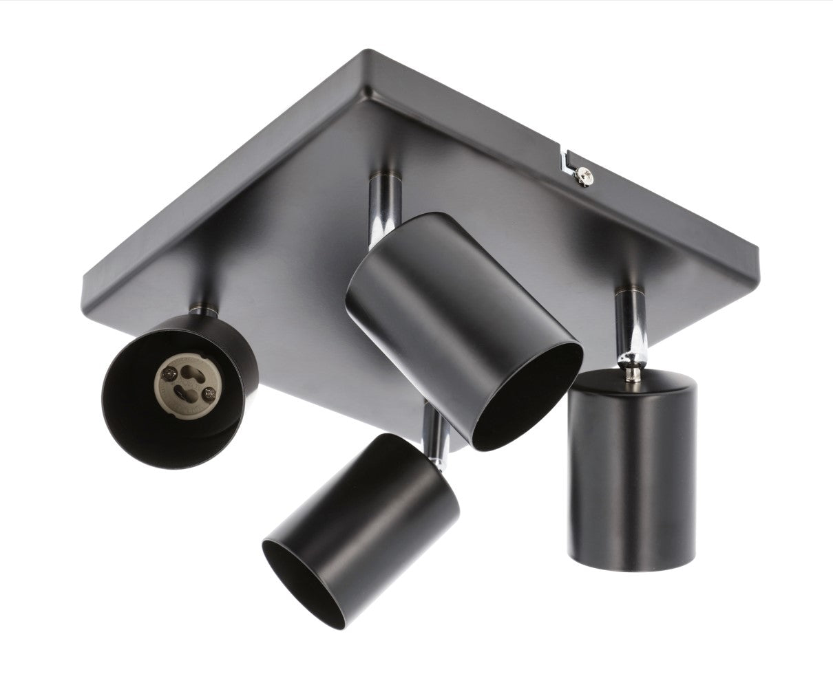Light up your room with our Jack 4 light square spotlight plate, with 4 adjustable light heads allowing you to efficiently provide your space with personalised task lighting to resolve all your lighting needs. Finished in black, this retro inspired ceiling light adds a warm touch of colour to your room, creating the perfect accent lighting feature