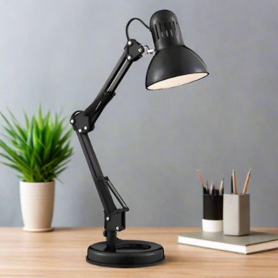 This retro, angled Hobby table lamp is styled on an iconic design and powder-coated in a shiny black colour. The hinged base, central column and cylindrical shade are fully adjustable, enabling you to direct the light just where it is needed. Ideal for use in a study room or a children's bedroom, contemporary desk lamps don't get more desirable.