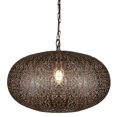 Bring a touch of Moroccan style to your home using this striking antique copper pendant. Using a large antique copper body lends a rustic and fashionable feel to the Fretwork pendant. The rounded body is fit with a stunning decorative pattern that the light shines through; reflecting a pattern onto surrounding walls. Place in a chic and stylish bedroom or living room.