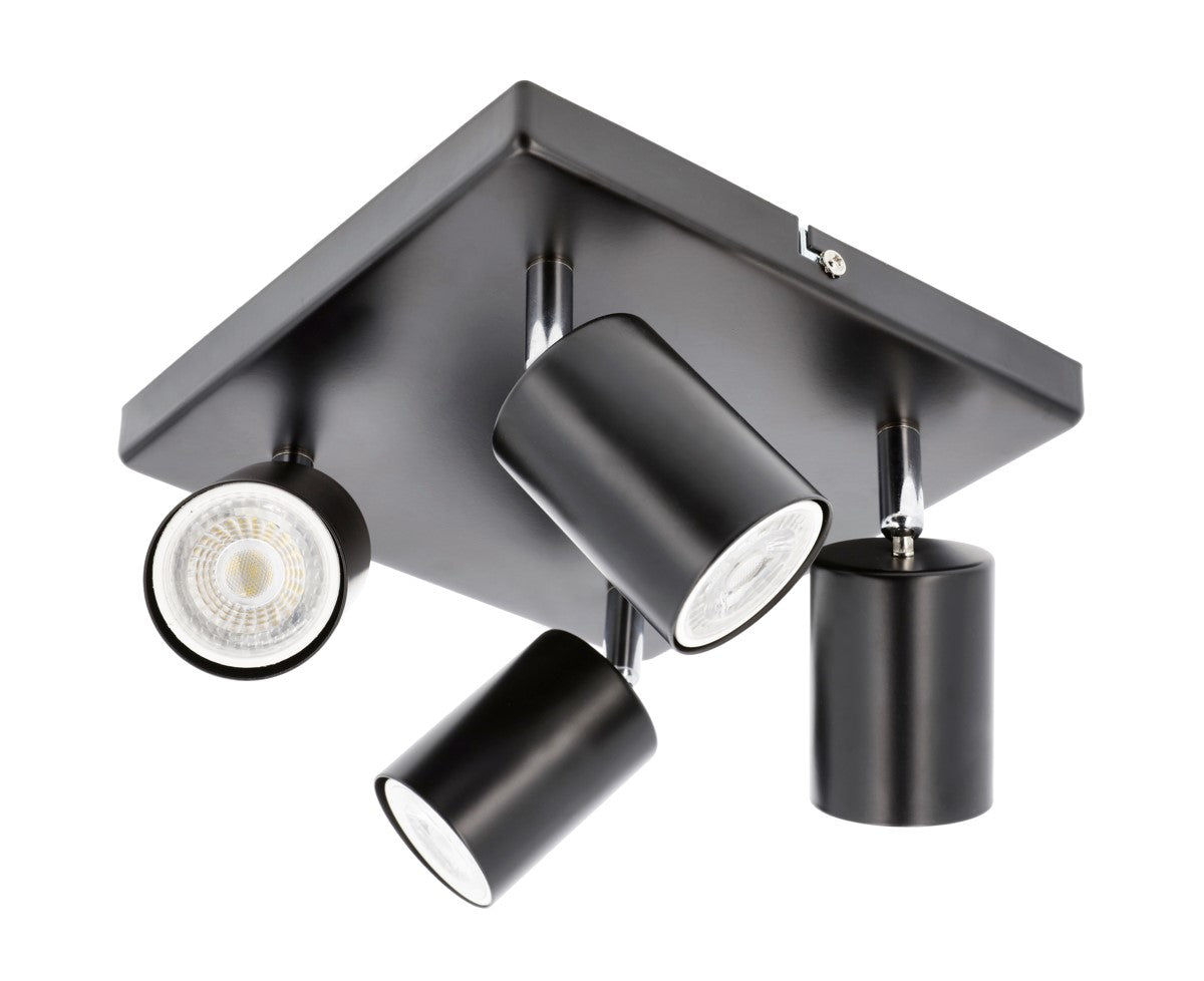 Light up your room with our Jack 4 light square spotlight plate, with 4 adjustable light heads allowing you to efficiently provide your space with personalised task lighting to resolve all your lighting needs. Finished in black, this retro inspired ceiling light adds a warm touch of colour to your room, creating the perfect accent lighting feature
