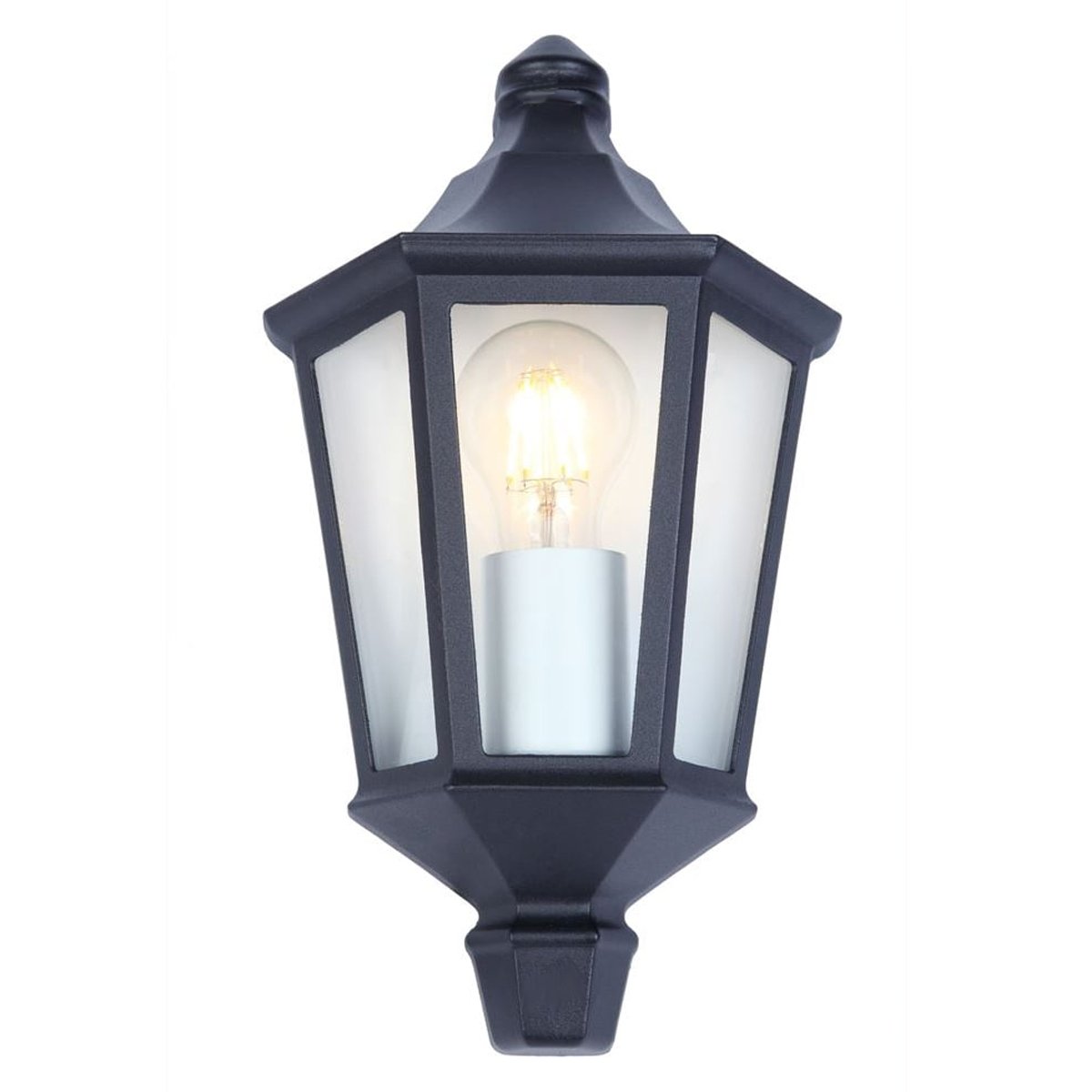 If you’re looking for a modern take on a traditional outdoor wall light, this glass half lantern flush wall light is perfect for adding style and protection for your home.   This product also contains an imposing black matt finish, making it ideal for any home design - adding a statement to any wall it fits in. Create an inviting glow over your garden and home with our Tyra glass coach lantern wall light by CGC Interiors.