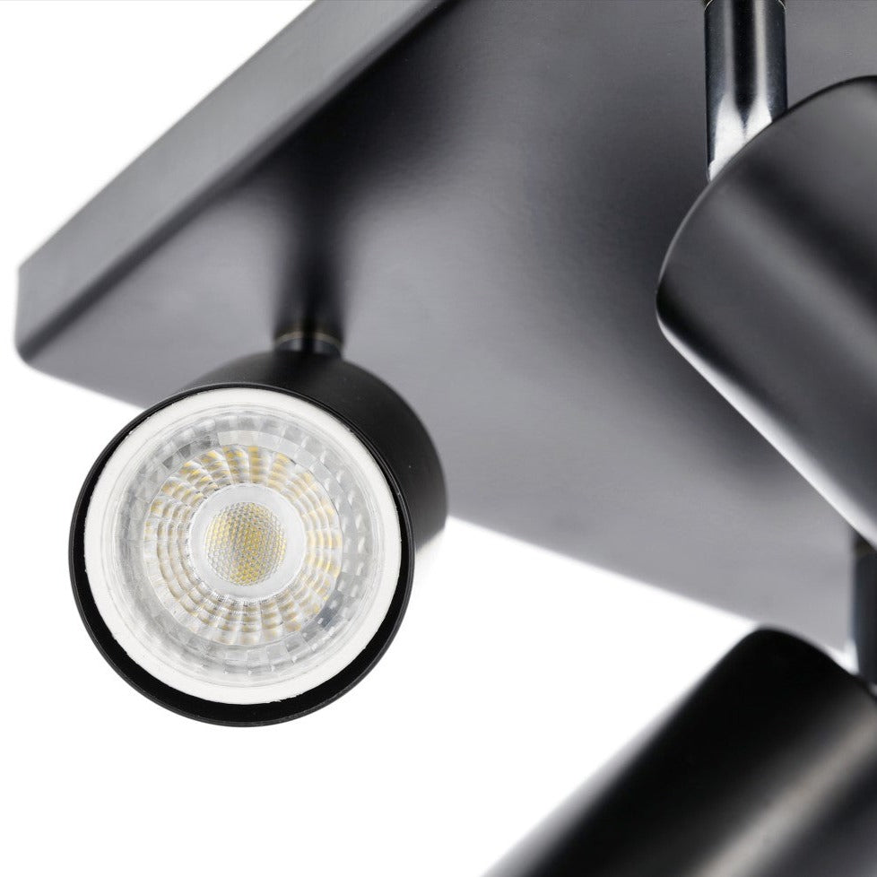 Light up your room with our Jack 4 light square spotlight plate, with 4 adjustable light heads allowing you to efficiently provide your space with personalised task lighting to resolve all your lighting needs. Finished in black, this retro inspired ceiling light adds a warm touch of colour to your room, creating the perfect accent lighting feature