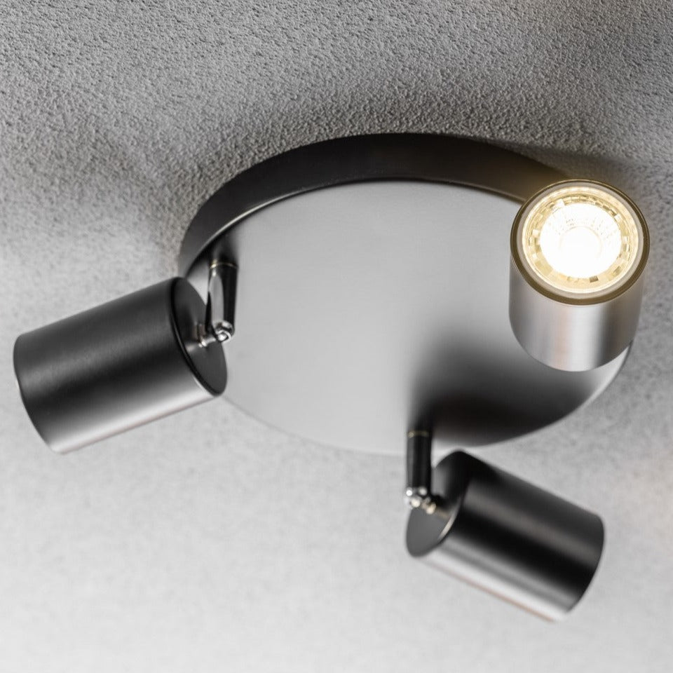 Modern contemporary design, steel body with a black complementary colour finish and chrome detailing, and 350 degree light rotation