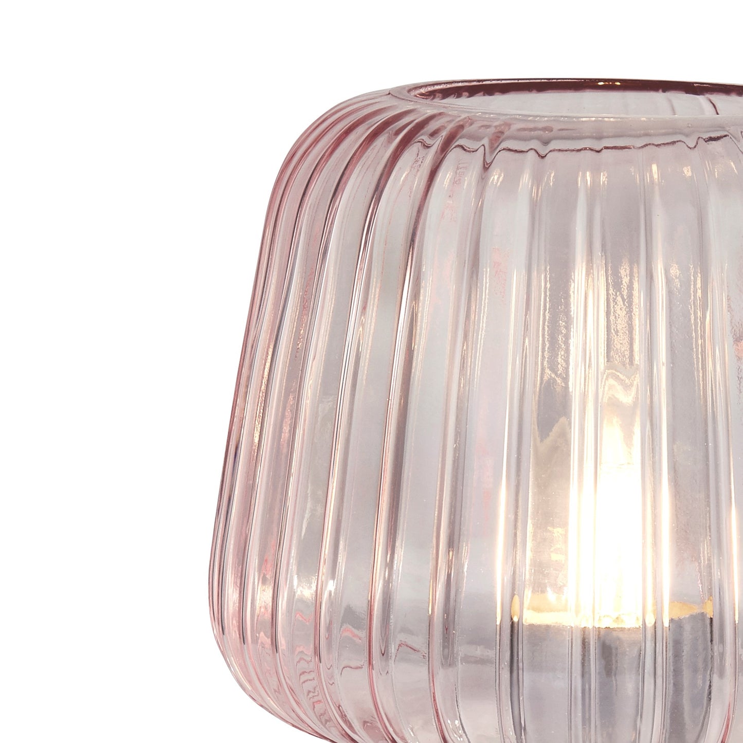 Our Rosie table lamp is made from a beautiful shade of pink rose glass will really catch the eye as the light cascades through the ribbed glass detailing of this table lamp. This light is perfect for bedrooms, girls decor, side tables, coffee tables and dressing tables to add elegance and a touch of class. 