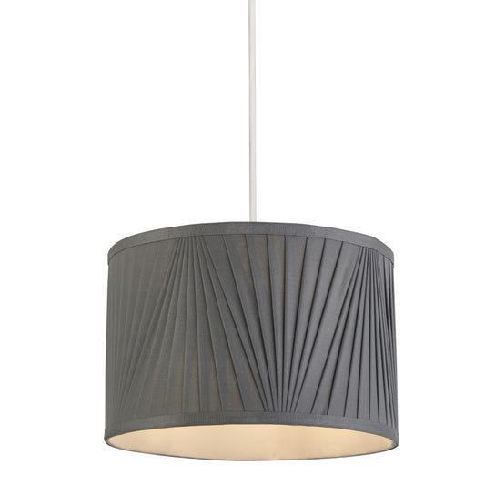 Our Laura, an elegant grey lamp shade in a stunning alternate pleat. The fabric creates a ambient glow when lit making any house feel like a home. Easy to fit, It's made to fit both a ceiling light or lamp base.  CONSTRUCTION: Stunning Pleated Fabric Lampshade Grey  DIMENSIONS:  Height: 30 cm  Diameter: 30 cm  APPLICATIONS: Perfect shade for any ceiling light for bedrooms, living rooms, lounges, dining rooms