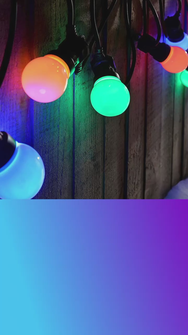 Multi coloured store festoon lights outdoor