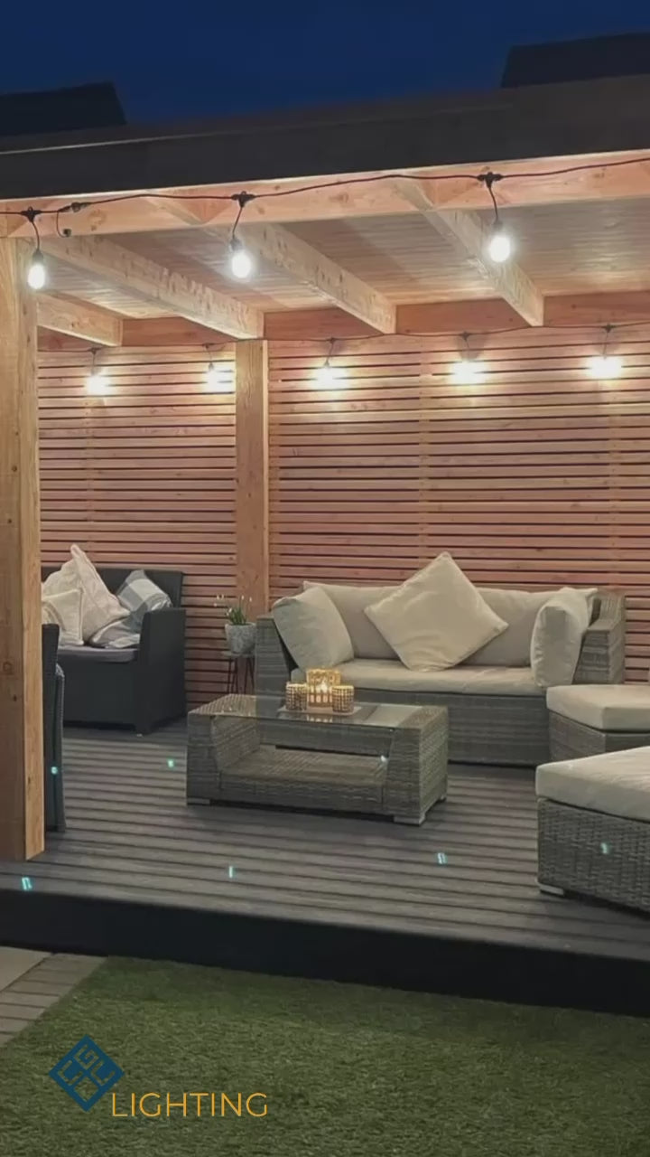 Transform your space and achieve a stylish glow with our ever popular festoon lighting kit. Our kits will allow you to connect up to 5 kits together and run off the same one plug at a low voltage. This is a great way to bring you space to life whilst still being low cost to run. Festoon lighting is on trend at and has been for a few years the quality of this product an its  durability means you can enjoy these light for many years to come.