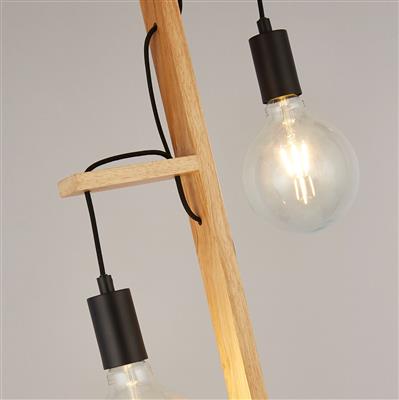 Fuse contemporary and traditional with the eye-catching Woody floor lamp. The 2 exposed bulbs hang from the wooden frame by black cables, creating a statement feature to any room.